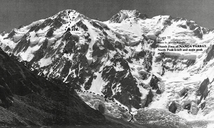 The 1978 Slovak route on the Diamir Face of Nanga Parbat. The North Peak is left, and the main peak is right.
