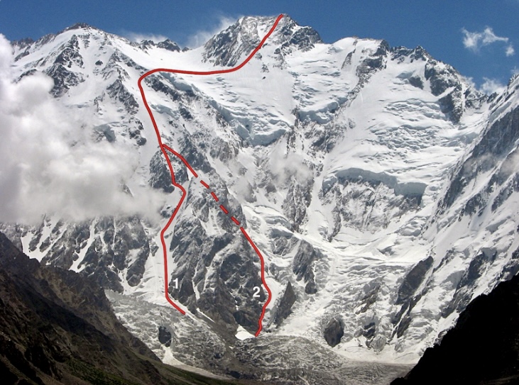 The Italian "Aosta Valley Express" route of 2022 (marked 2), by Cazzanelli and Picco, who created a difficult variation start to the standard Kinshofer Route.