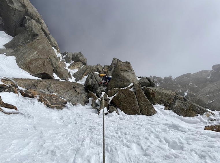 Maarten van Haeren leading the start of the rock pillar at 6,800m. (First M5 crux).