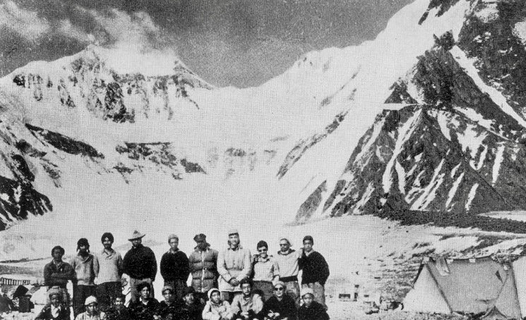 The 1956 Saser Kangri team at Camp 1 on south Phukpoche Glacier.