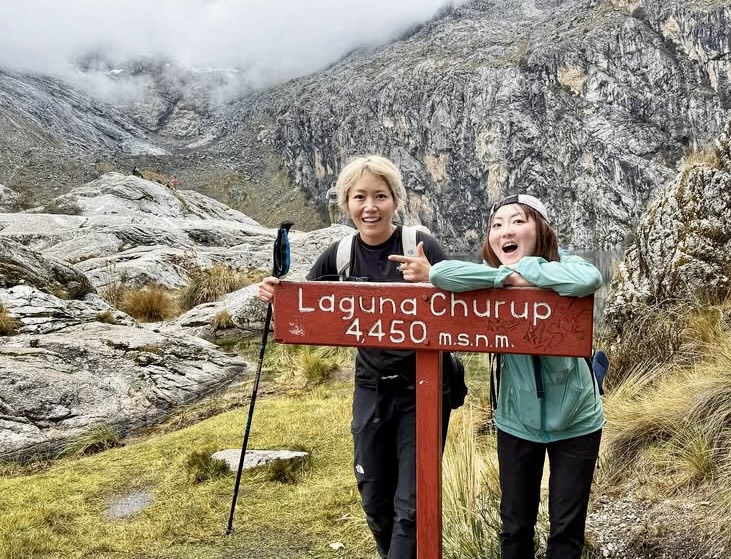 Saki Terada and Chiaki Inada earlier this month at Laguna Churup, located in the Cordillera Blanca range in Peru, near the city of Huaraz in the Ancash region. Located at 4,450m, is a popular hiking destination known for its turquoise waters and stunning views. 