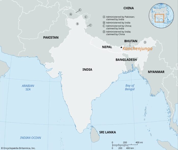 Location of Kangchenjunga in a map of the Indian Subcontinent by Enciclopaedia Britannica