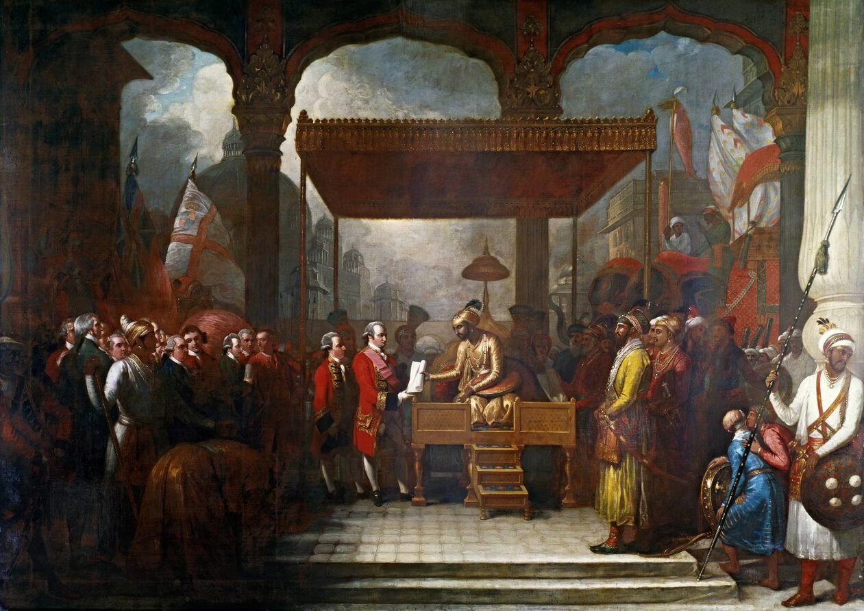 A painting showing the Mughul emperor surrendering taxation rights to Robert Clive.