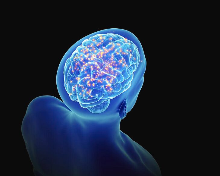A blue translucent person with a glowing brain