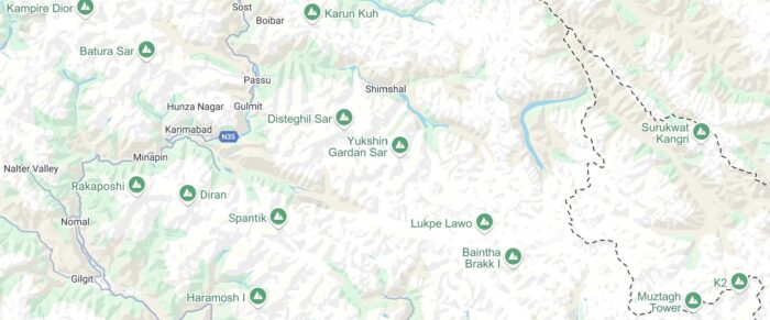 Map locating Yukshin Gardan Sar, Pakistan Karakoram, in a map.
