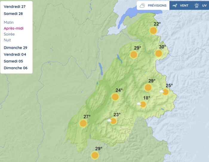 Weather forecast on a map of France's northern Alps.