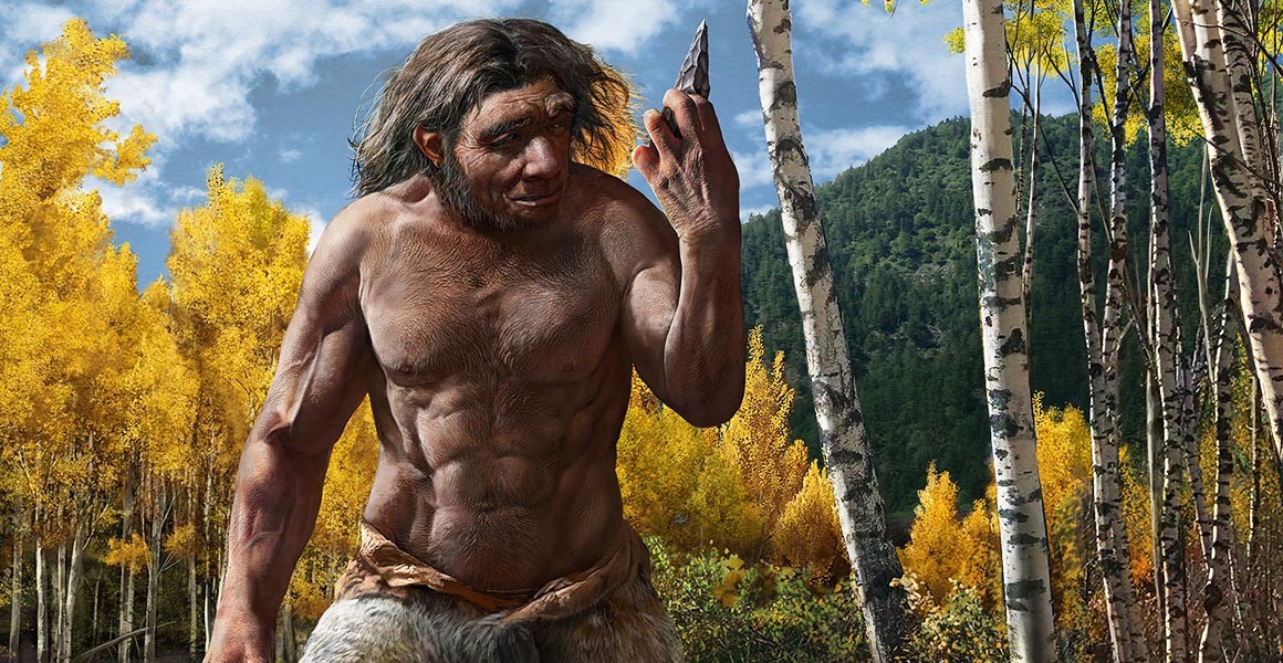 A denisovan man examines a stone tool