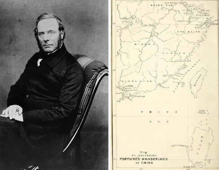 A portrait of a man, left, and a map, right