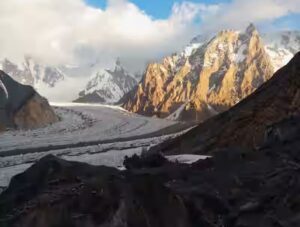 The Karakoram peaks and the glaciers below as seen from Camp 1 on Broad Peak.