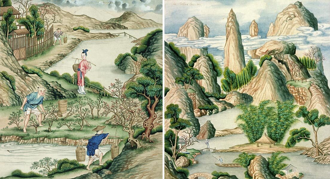 Two paintings of tea harvesting and the tea district