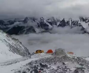 Camp 2 on Broad Peak earlier this week, showing tents in cloudy conditions.