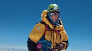 Close shot of Dorota Samocko of Poland with helmet and dawnsuit.