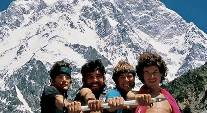 From left to right: Mark Twight, Barry Blanchard, Ward Robinson, and Kevin Doyle in front of the Rupal Face of Nanga Parbat in 1988.