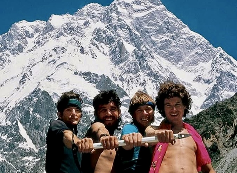 From left to right: Mark Twight, Barry Blanchard, Ward Robinson, and Kevin Doyle in front of the Rupal Face of Nanga Parbat in 1988.