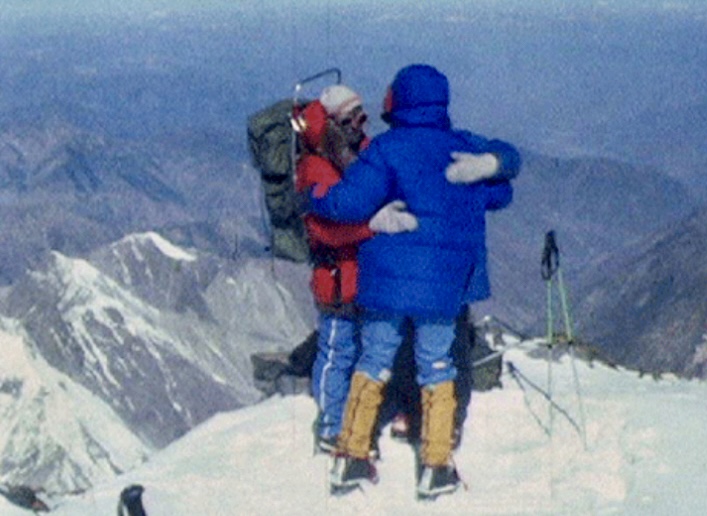 Two members of the Austrain team on the summit of Nanga Parbat in 1976, via the Schell Route.
