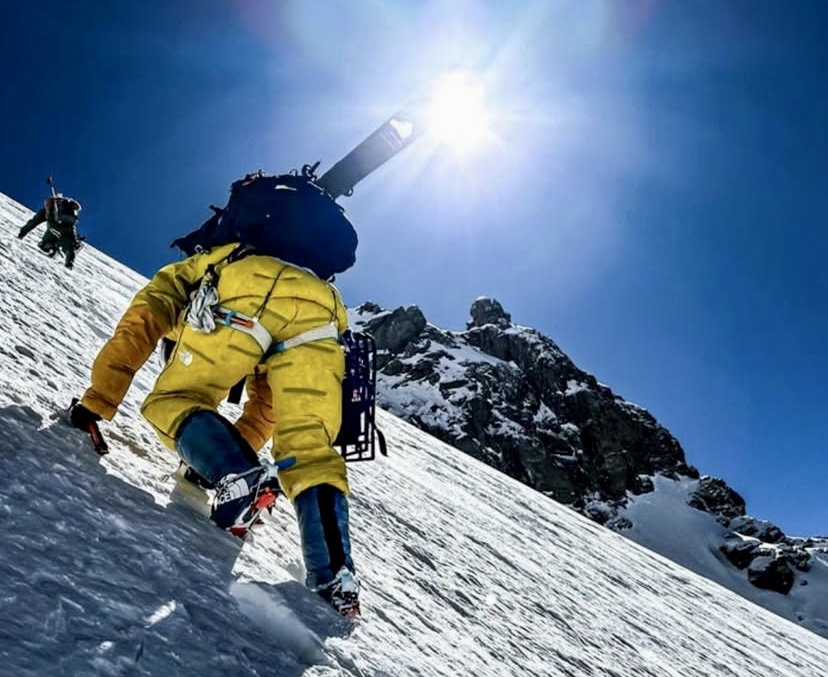 Duperier, Goettler and Langenstein climbing toward the summit on Nanga Parbat's Rupal Face in June, 2025. 