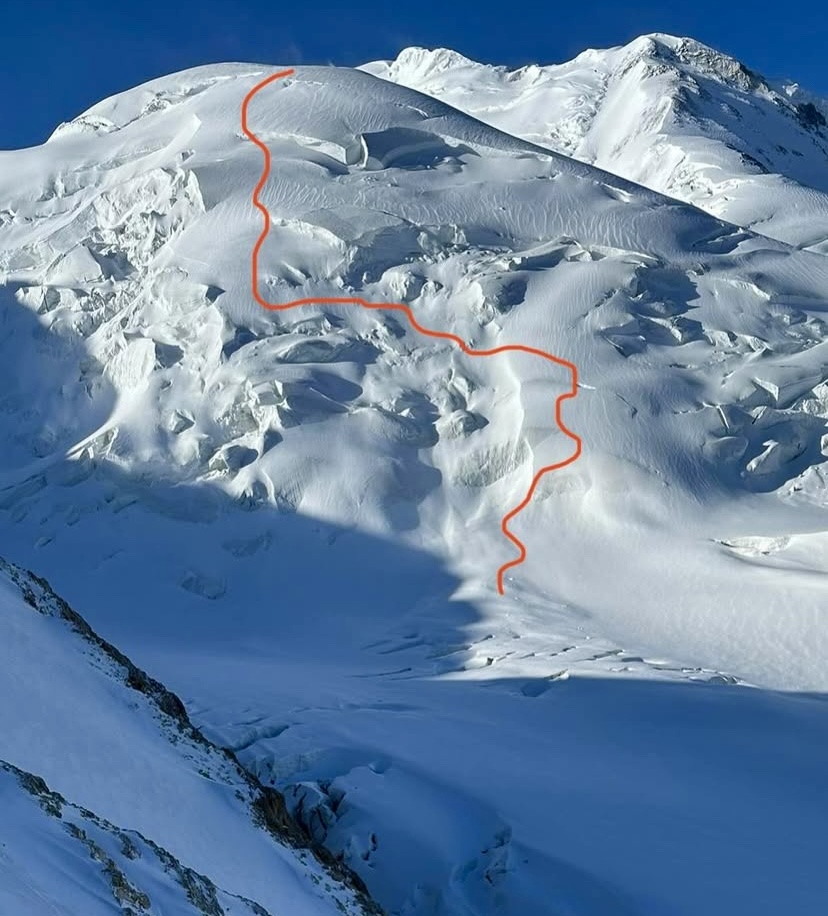The new ski descent line from the summit of 5,000m Pogranichnik Peak.