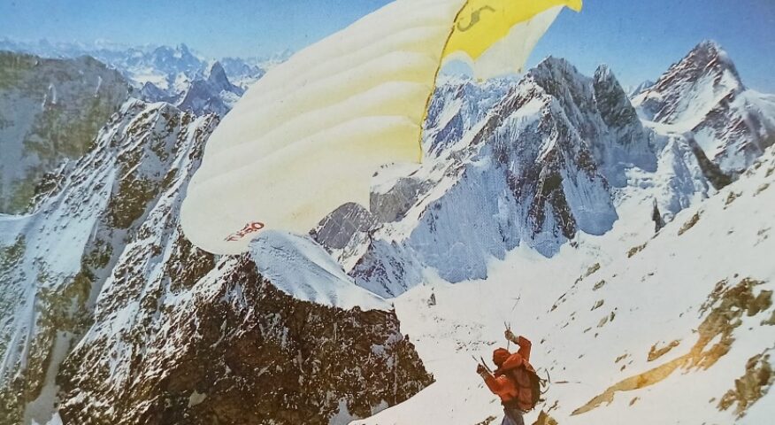 Pierre Gevaux flying from Gasherbrum II in 1985.