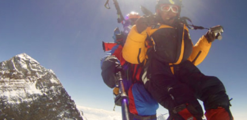 Babu Sunuwar and Lakpa Tshering Sherpa in 2011, during their tandem paragliding from the summit of Everest on May 21, 2011.