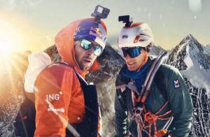 Nicolas Hojac and Philipp Bruger during their record climb of the Bernese North Face Trilogy. Cover of the documentary "The Fast Line".
