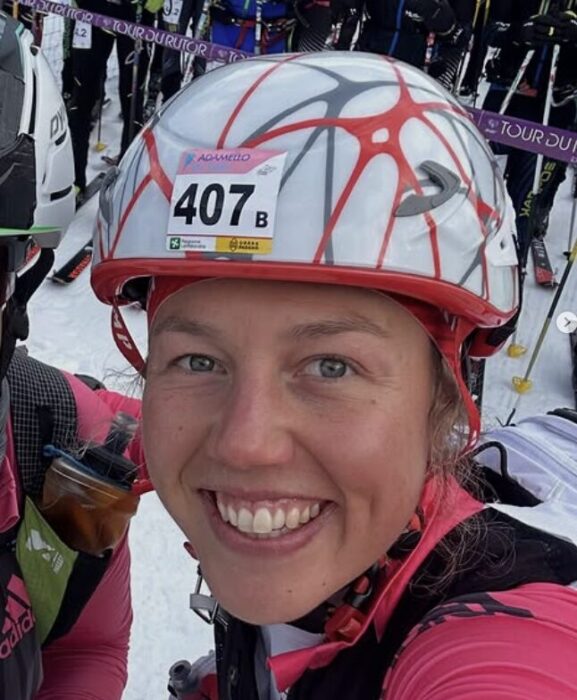 Dalhmaier takes a selfie with her racer's number on her skimo helmet.