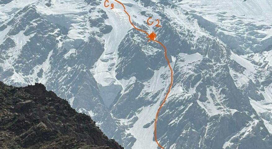 Sight of the Diamir side of nanga Parbat with a topo of the Kinshoffer route up to Camp 3.