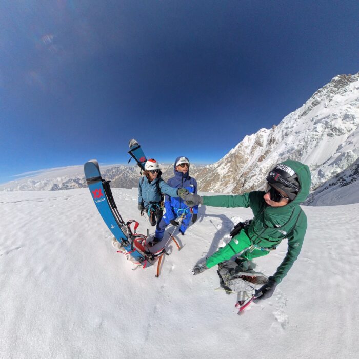 Goettler, Du Perier and Langenstein on a flat snow spot on Nanga Parbat.