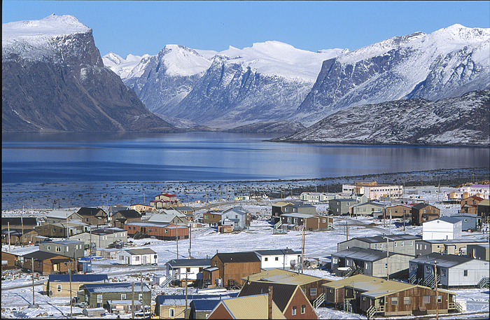 arctic village with mountains