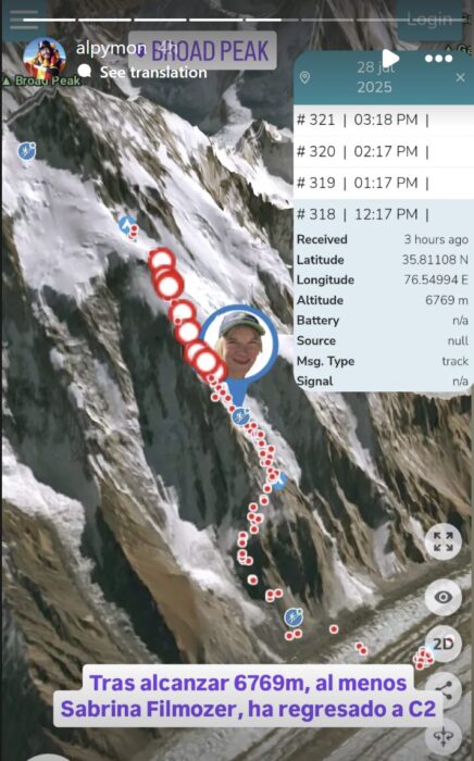 Sabrina FIlzmoser's track showing her retreating on Broad Peak.