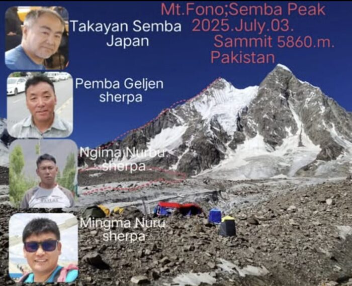 Photo-collage with portraits of the climbers and a route topo.