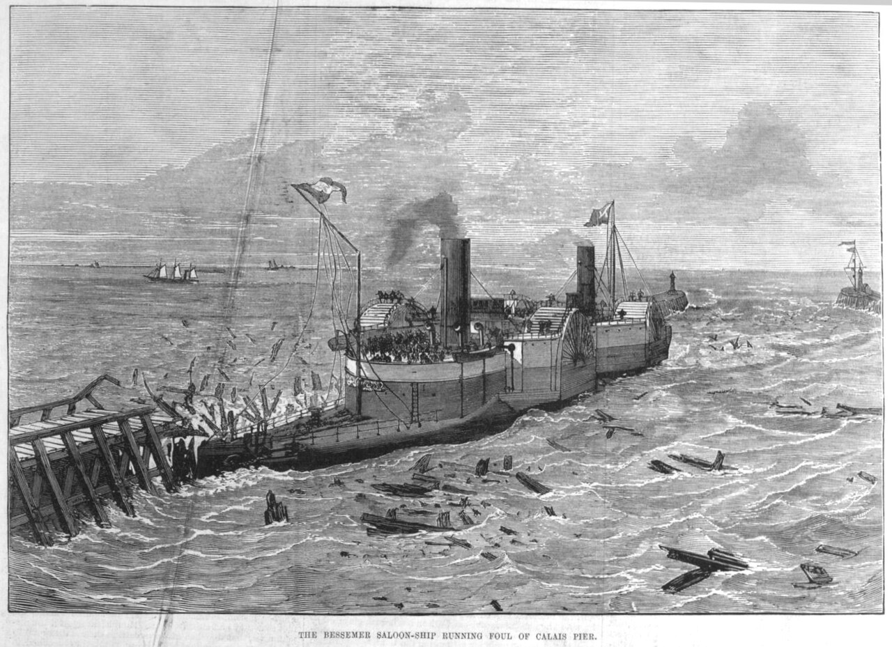 Illustration of a steamship crashing into a pier