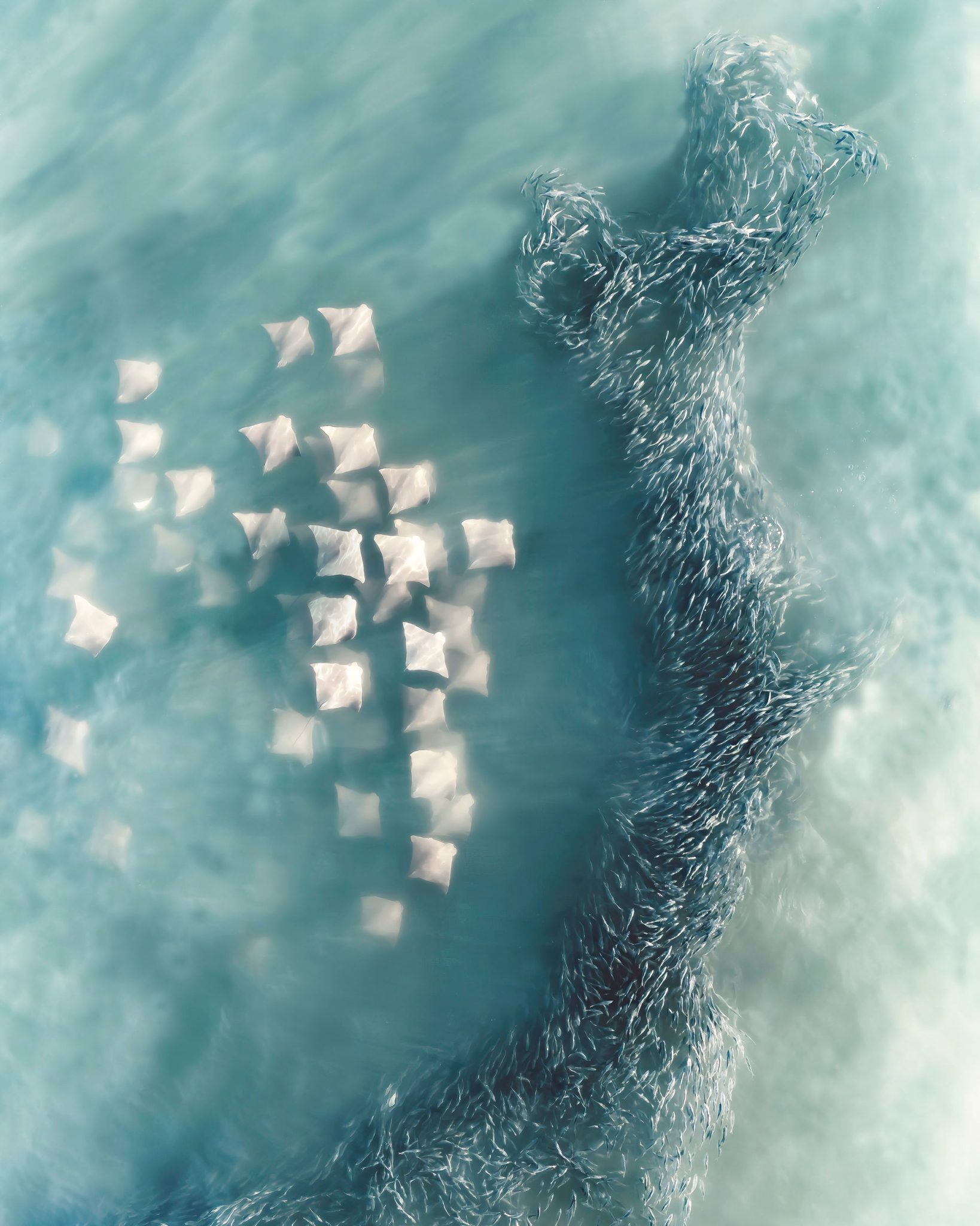 A school of rays approaching a school of fish.