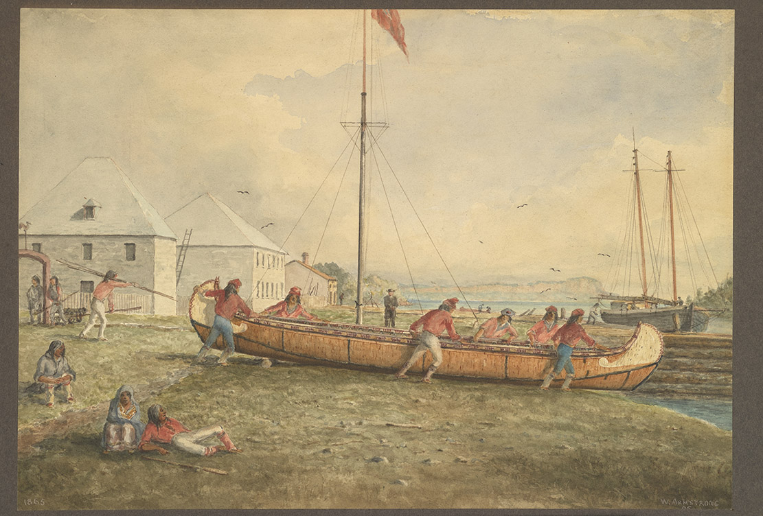 Painting of a canoe with many men at work in and around it