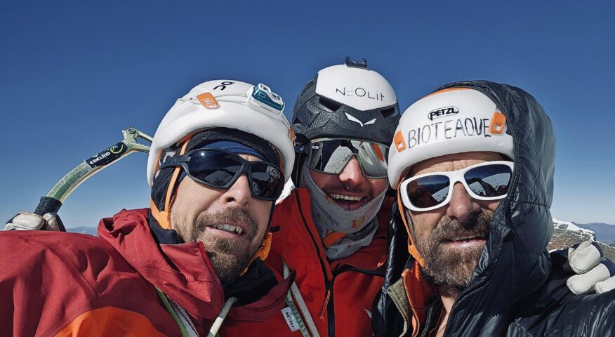 Left to right: Dani Arnold, Simon Gielt, and Alexander Huber on the east summit of JIrishanca.
