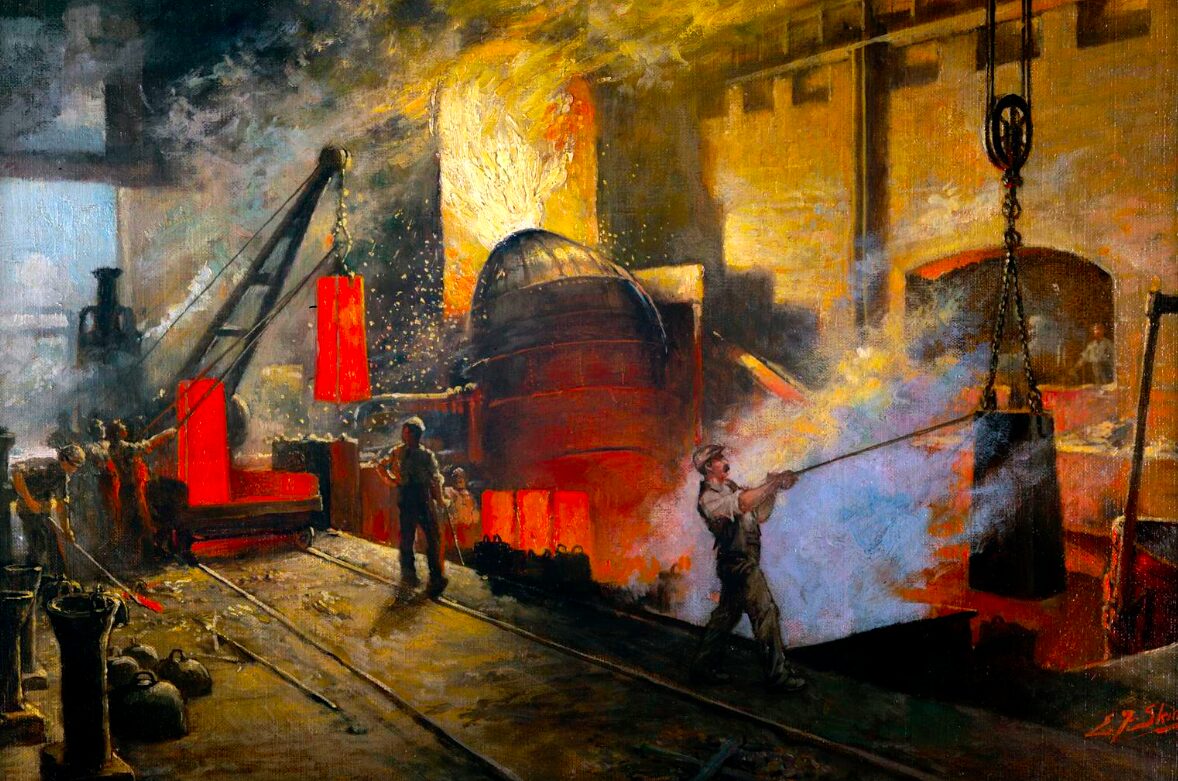 A painting of men using a metal machine to produce steel