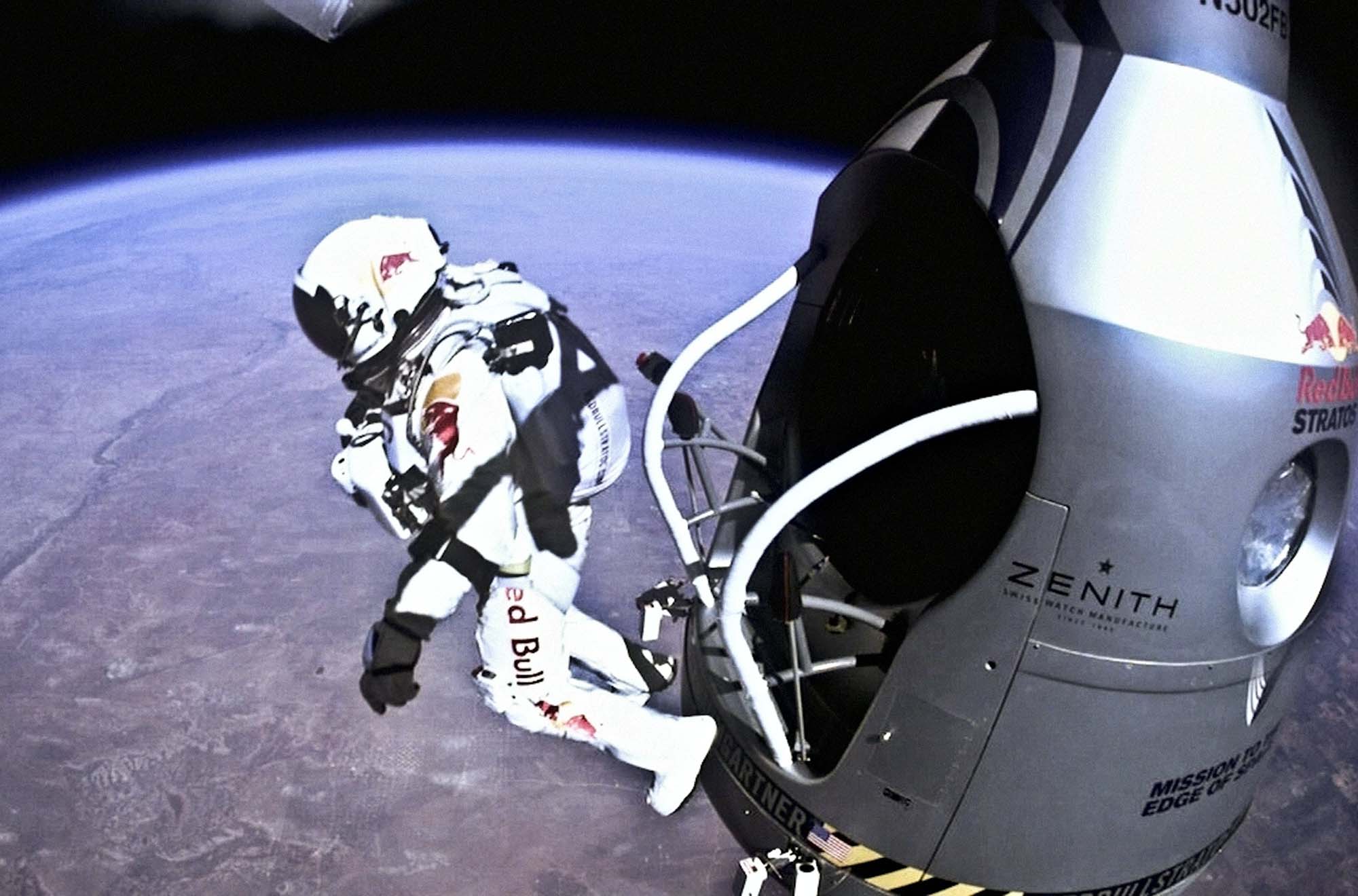 Austrian pilot Felix Baumgartner jumps out from the capsule during the final manned flight for Red Bull Stratos in Roswell, New Mexico, on October 14, 2012. 