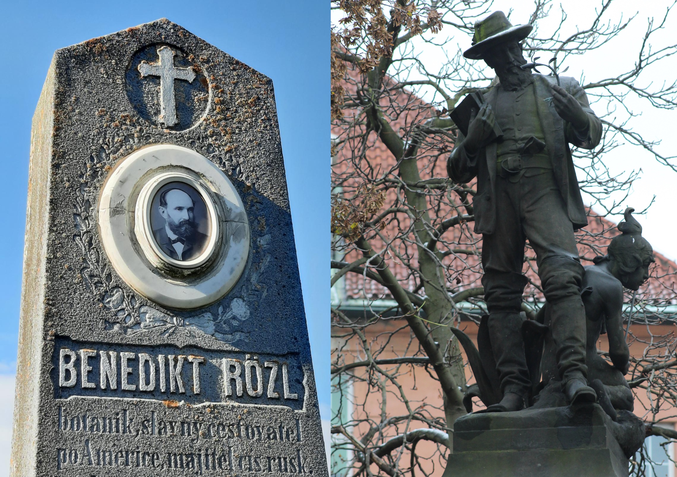 A gravestone and a statue