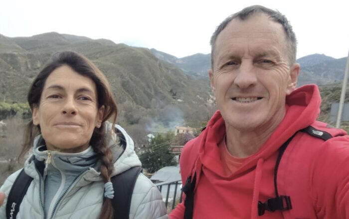 Close shot of Maria Cardell and Denis Urubko in casualwear at some outdoor spot in Skardu.