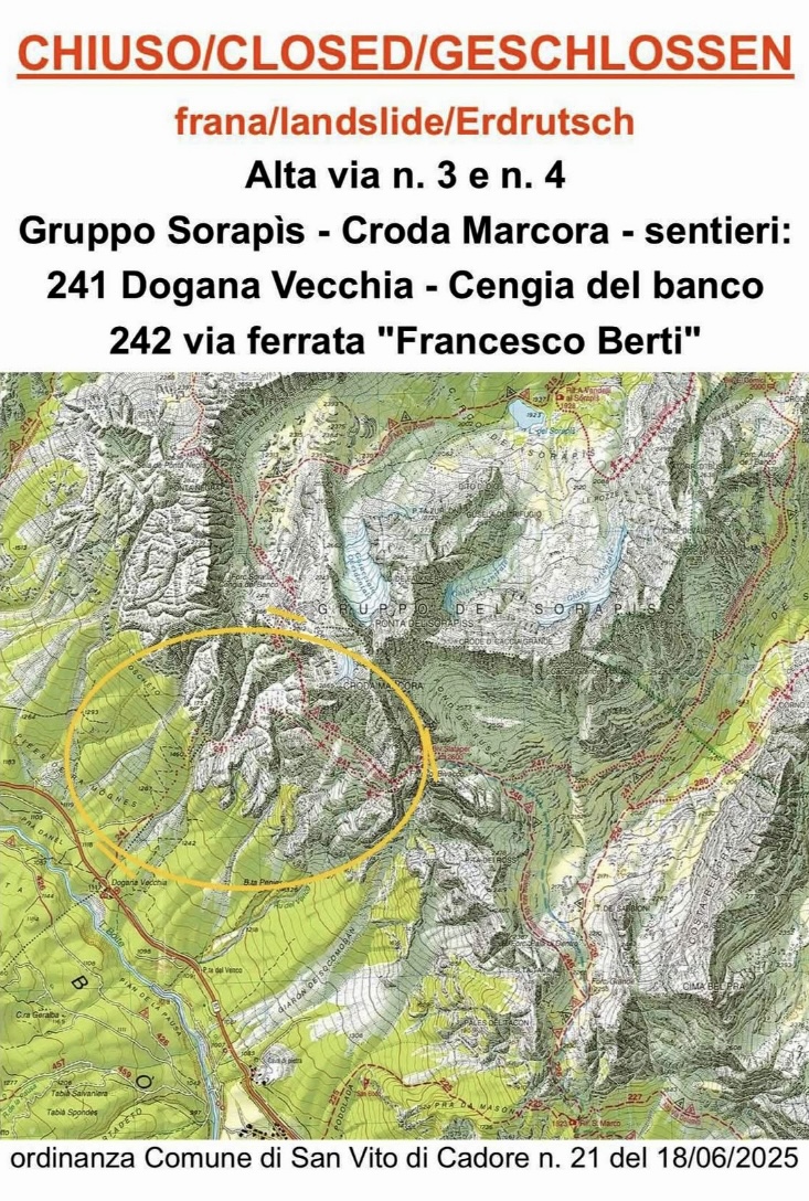 On the map, some of the closed hiking zones closed in the Dolomites.