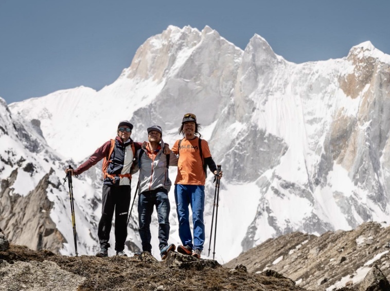 Mathieu Maynadier, Roger Schaeli and Simon Gietl during their 2023 Meru expedition.