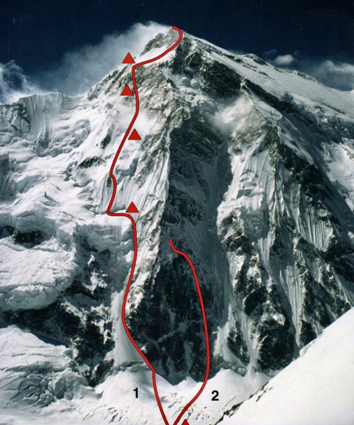 The new route on Talung, marked as 1, climbed by Zdenek Hruby and Marek Holecek in 2013.