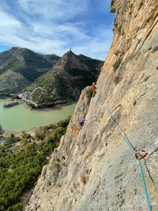 Climbing one of the multi-pitch routes in El Chorro. 