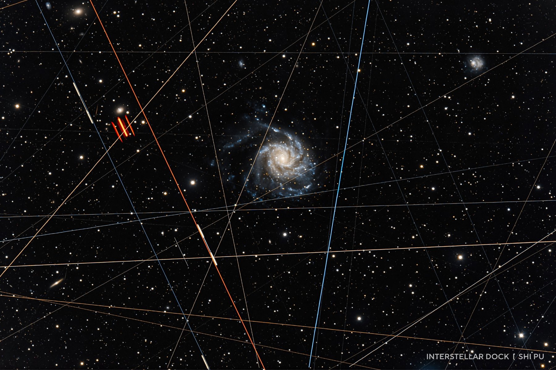 Galaxies behind satellite trails.