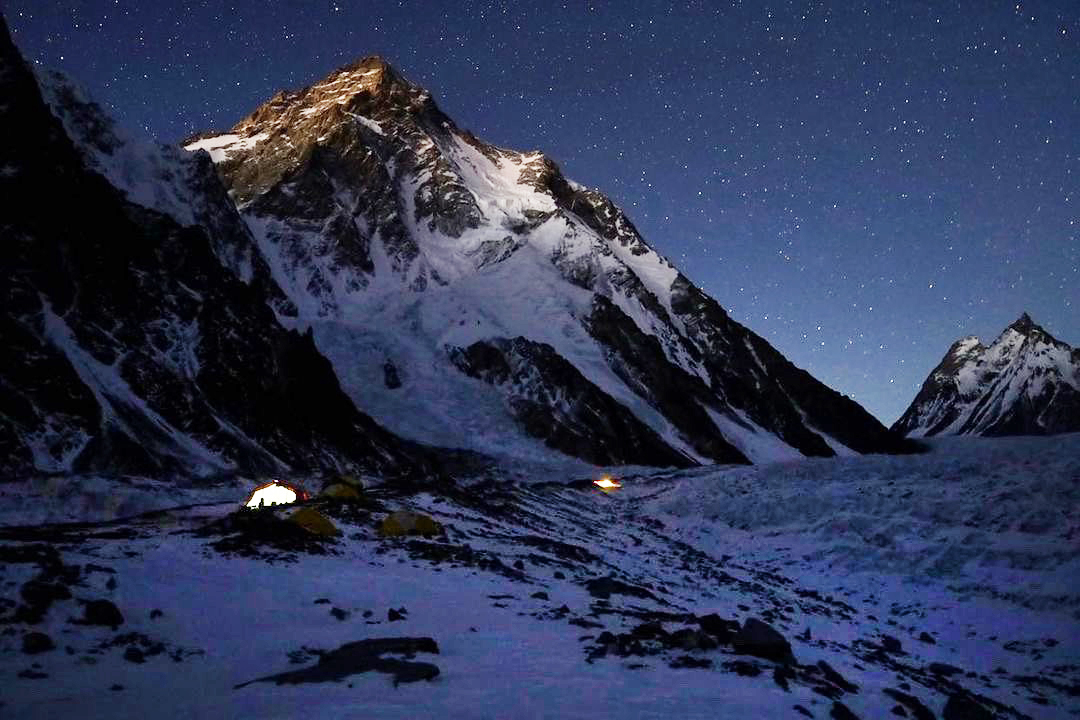 nighttime view of K2 with camp lights