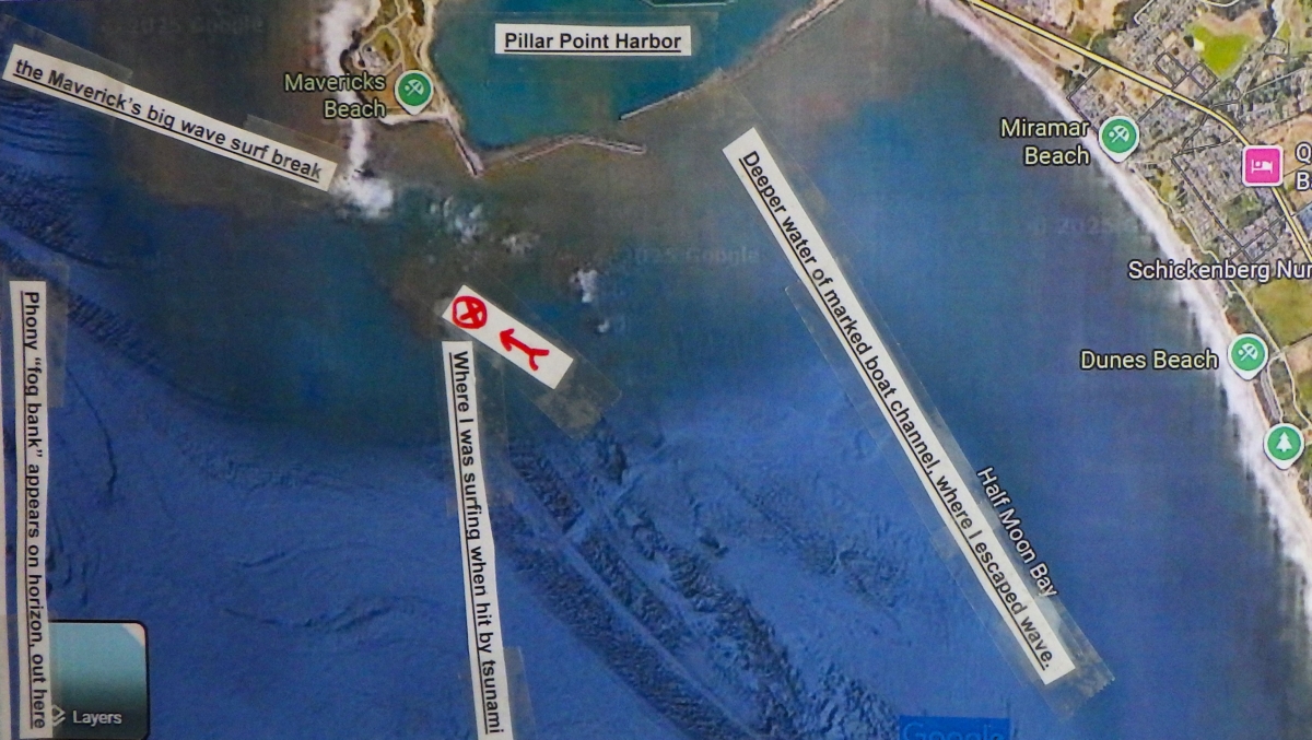 A map showing the area where Paul McHugh surfed the Tsunami.