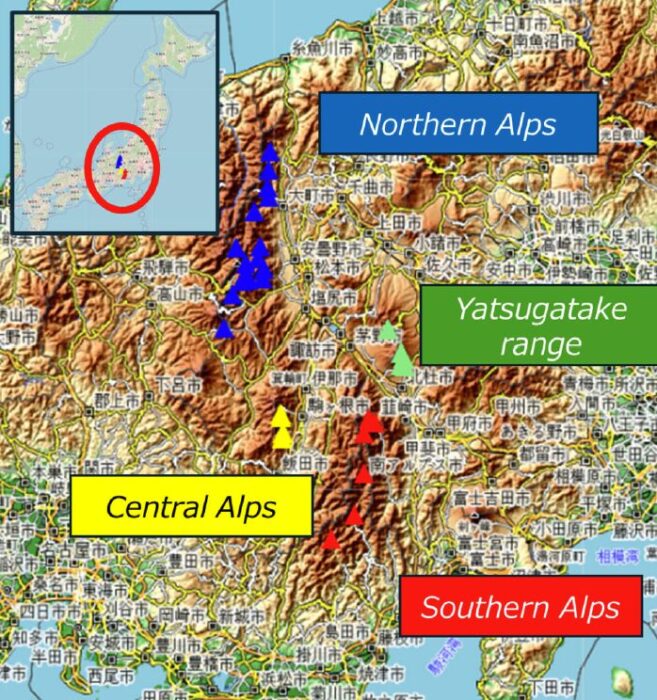 A map displaying the four key mountain regions in the Nagano prefecture, Japan