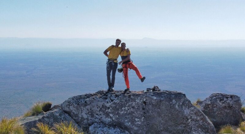 Mirco Grasso and Samuele Mazzolini on the summit of Phandambiri in Mozambique.