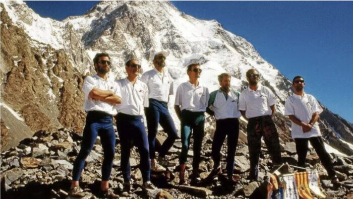Climbers posing in front of K2 in 1995