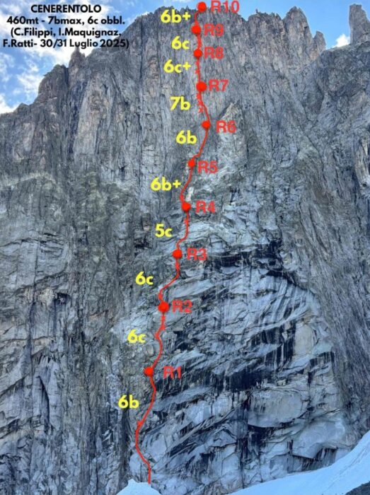 Route topo marked in red and yellow on an alpine rock face.