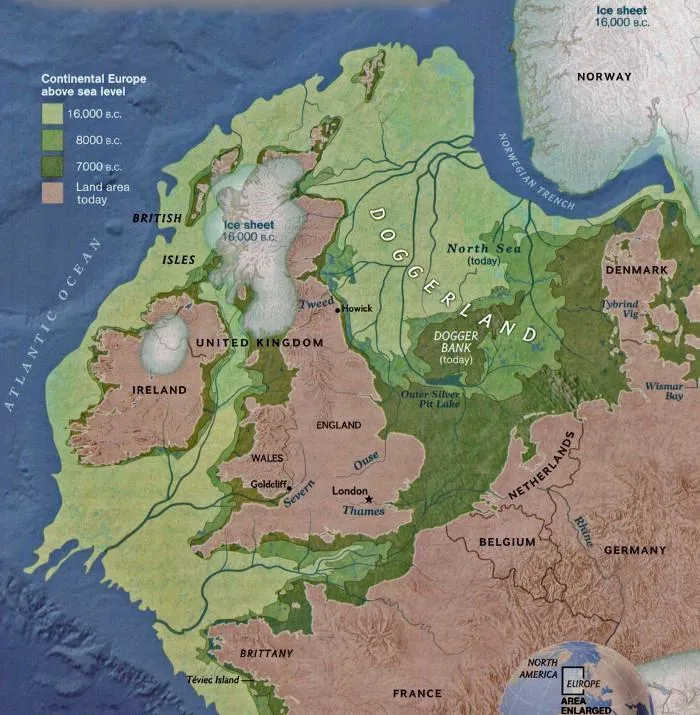 A map showing land connecting the mainland and the British Isles.